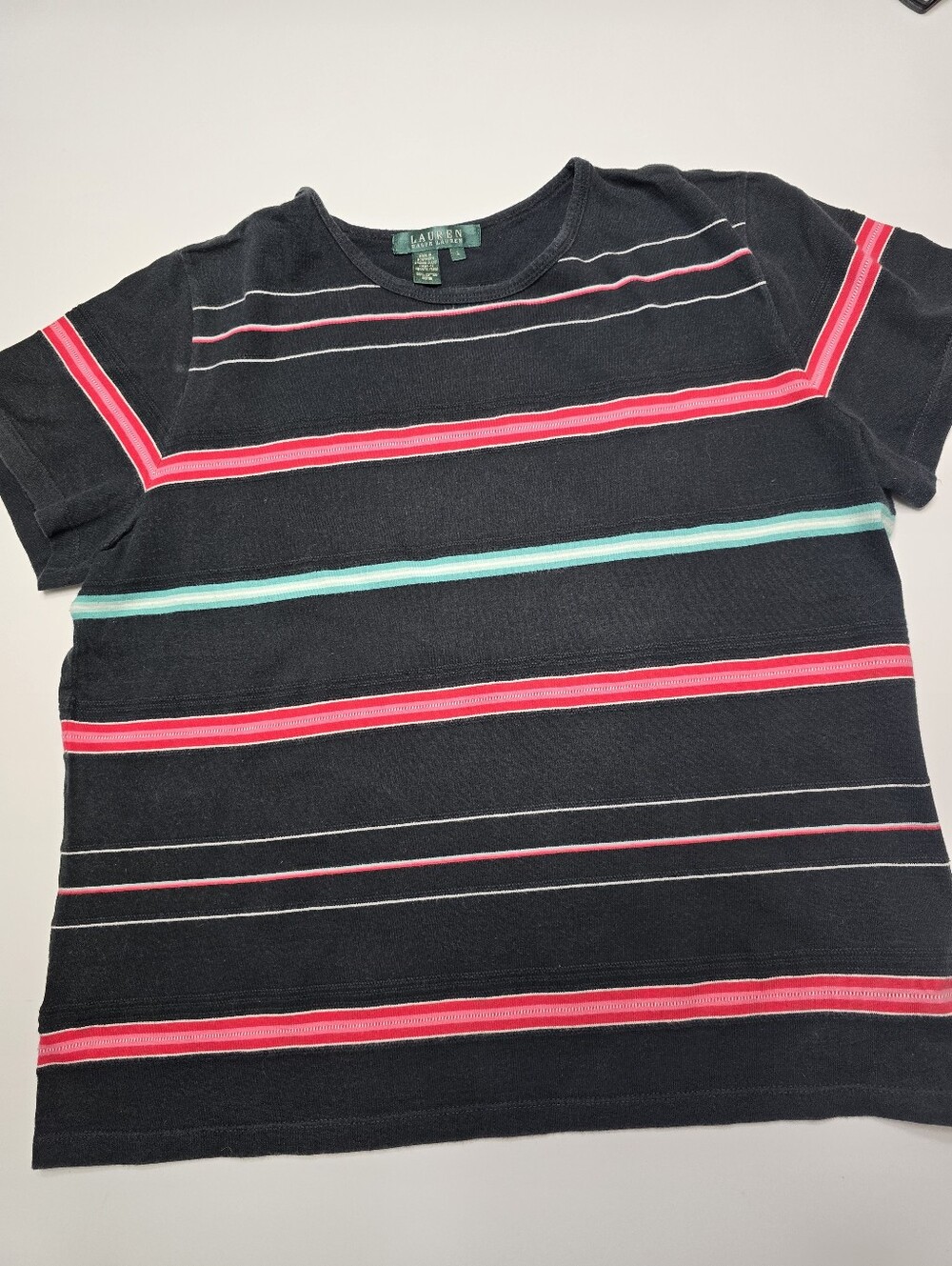 Lauren Ralph Lauren Black Striped Tee - Pink & Aqua Accents